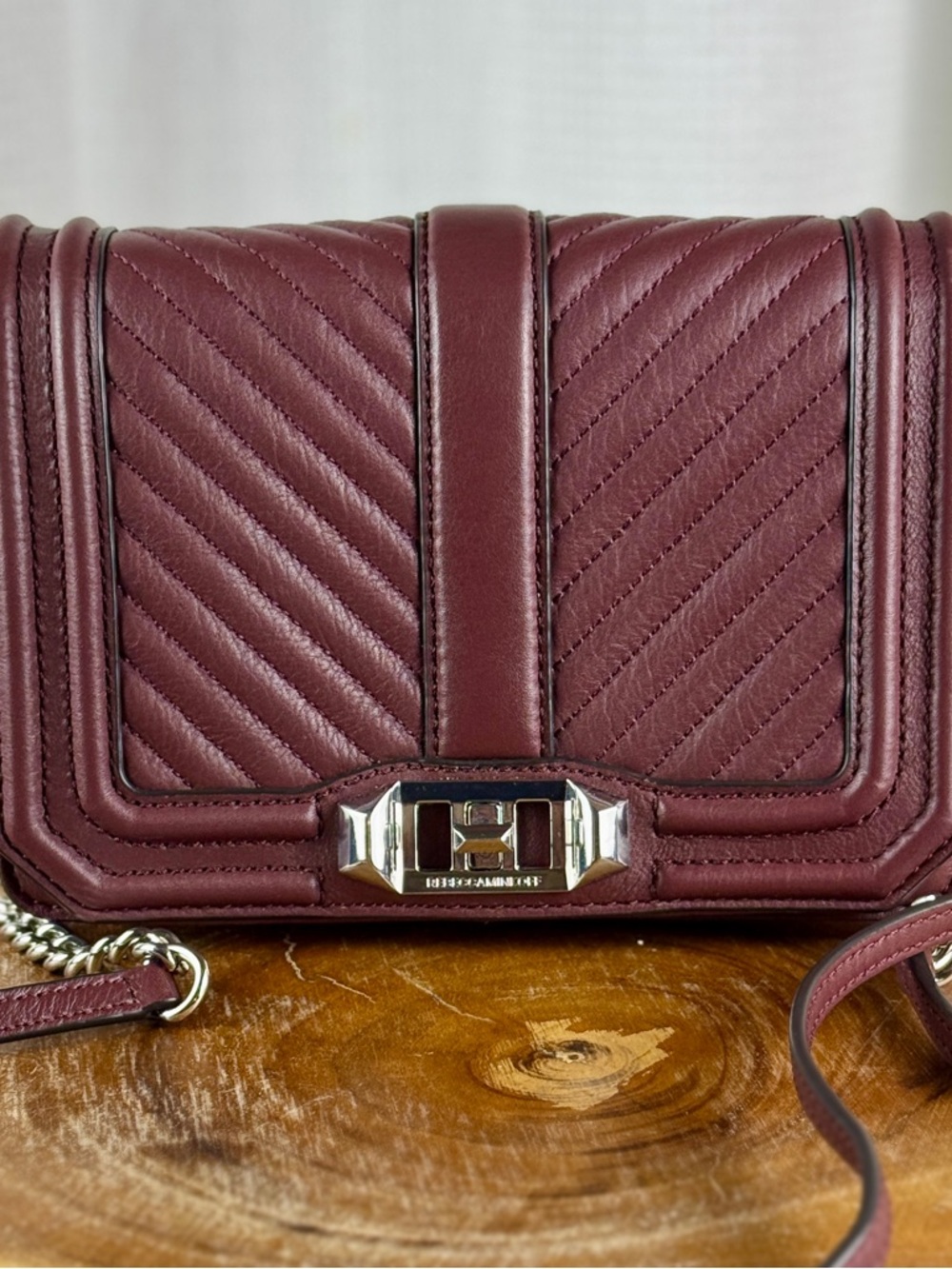 Rebecca Minkoff Burgundy Quilted Leather Love Crossbody Silver Chain Strap NWOT
